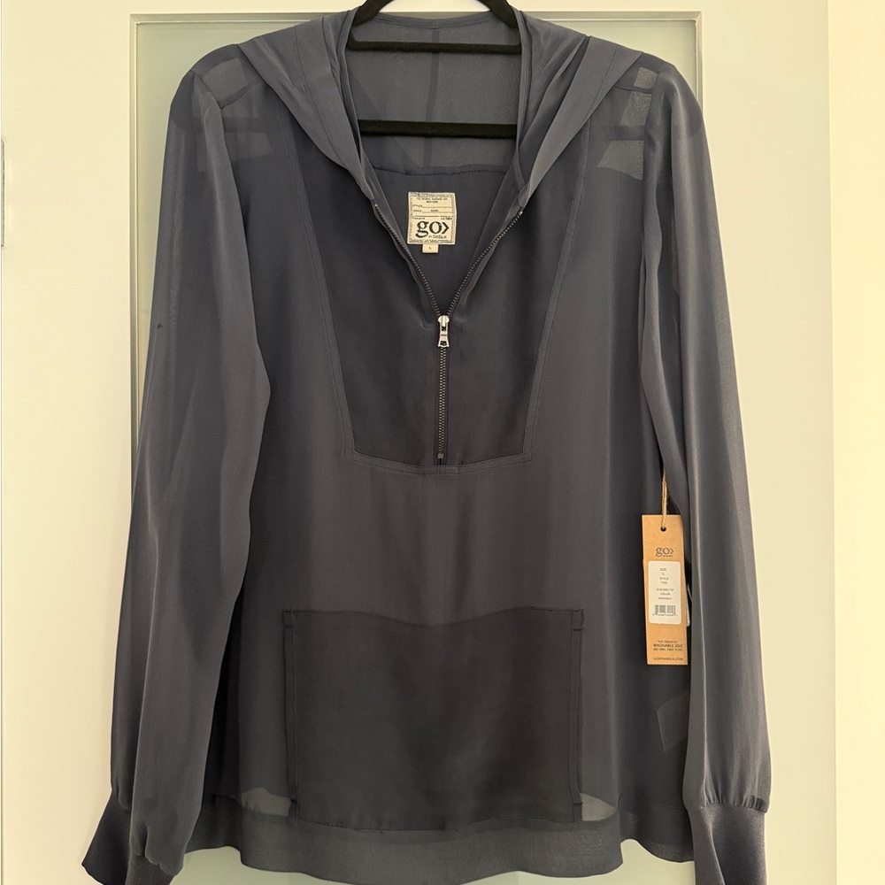 100% Silk Go No-Sweat Navy Gray Sheer Hooded Top with Zipper and Pocket
